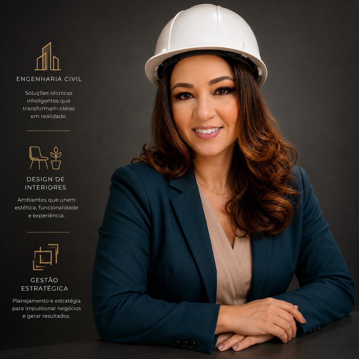 Foto profissional da CEO Gislaine Marques Serafim - com blazer azul, capacete branco e descrições de engenharia civil, designer de interiores e especialista em gestão estratégica de negócios